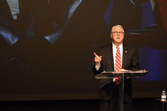 Chancellor Randy Woodson addresses an audience in the Stewart Theatre during his fall address on Friday, Oct. 28. Woodson spoke about the various achievements NC State students have had in the past year. Additionally, Woodson recognized achievements had by faculty and staff, and spoke about the largest fundraising effort in NC State's history.