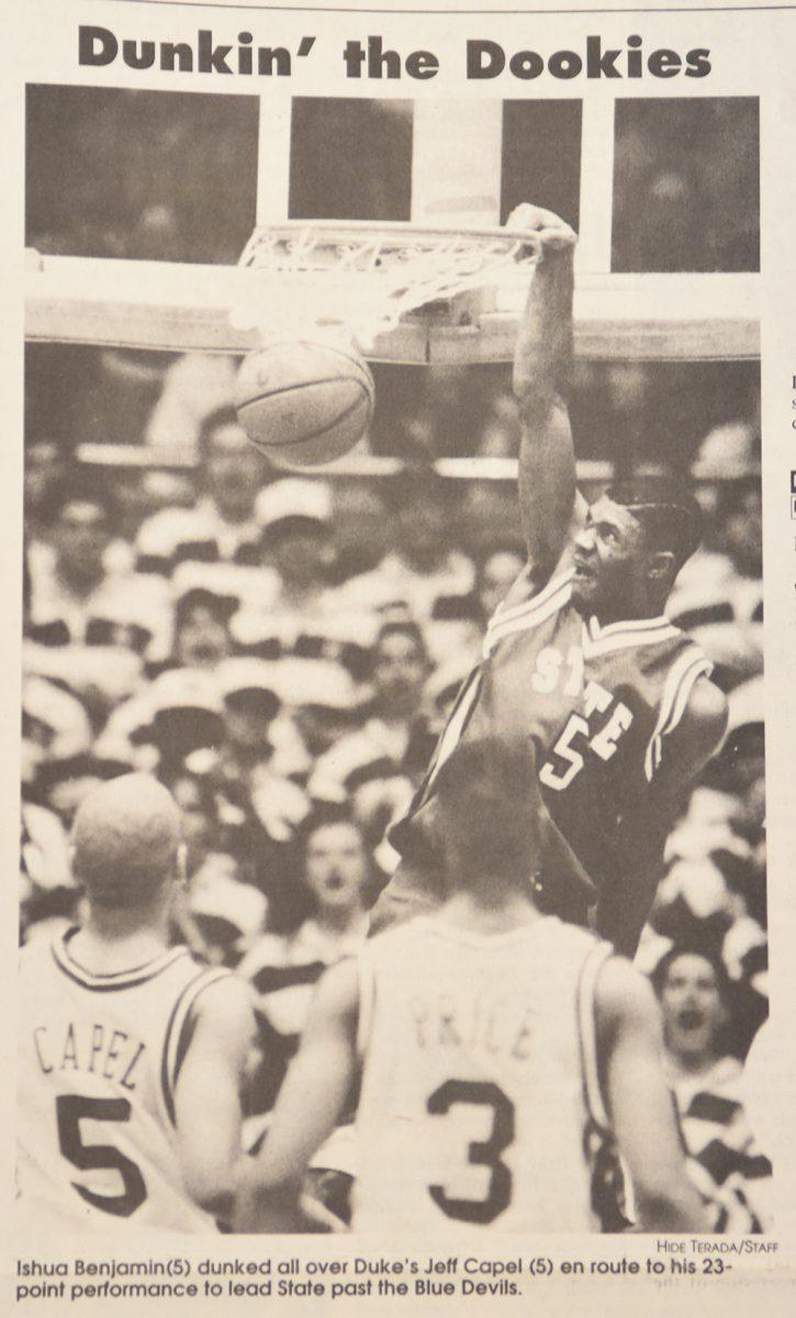 The headlining photo from the Jan 20, 1995 issue of technician, which was the last time the Wolfpack beat the Blue Devils in Cameron Indoor Stadium.