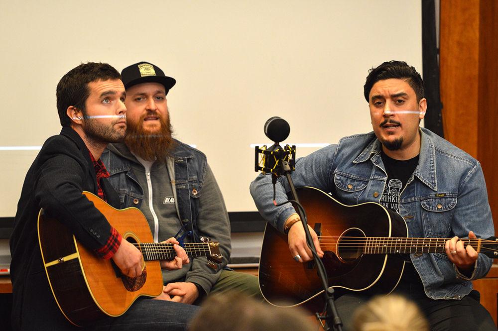 A.C. Hill and George Hage, NC State alumis and co-founders of Jack the Radio, play songs from their new album during Alumi Making Music in D.H. Hill Library on Thurs., Jan. 26, 2017. Hill and Hage met during their time at NC State, and began the collaborative project in 2005. After adding more members, they released their first full-length album in 2011. Jack The Radio's new album, "Badlands", is available for purchase at jacktheradio.bandcamp.com.