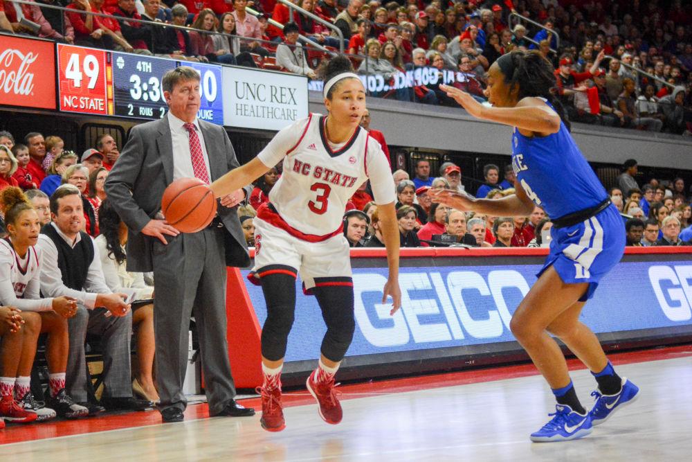 Senior guard Miah Spencer looks to dribble past a Duke defender in Reynold's Coliseum on Jan. 15. Spencer played for 35 minutes during an intense ACC match-up between NC State and Duke, putting up six points and six assists. The Wolfpack defeated the Blue Devils 55-52.