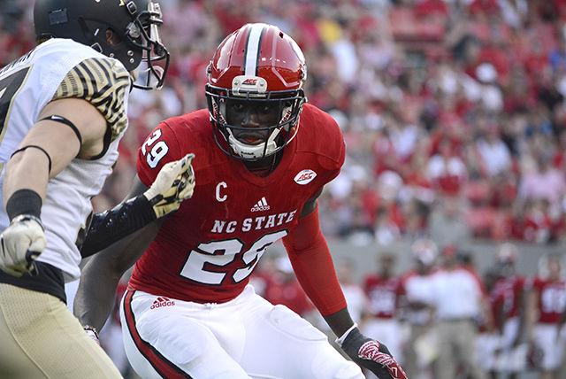 Jack Tocho, a graduate cornerback, blocks the incoming Wake Forest offense during the game in Carter-Finley Stadium on Oct. 1. The Wolfpack beat the Demon Deacons, 33-16, delivering the first loss of Wake Forest's season.&#160;