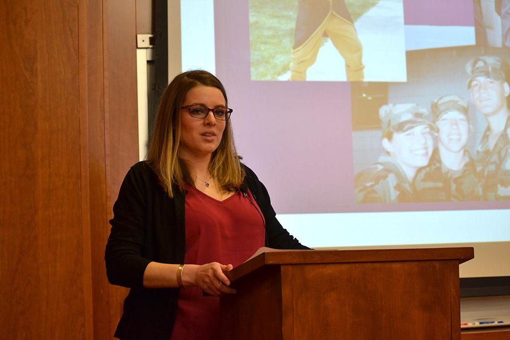 Major Amie Pflaum, a graduate student studying veterinary medicine, talks about her experience serving people from around the world through the Army, in the D.H. Hill Auditorium on Jan. 17. Throughout her presentation, Pflaum emphasized how her role in the military was not only to fight, but also to help build relationships with local people wherever she was serving.