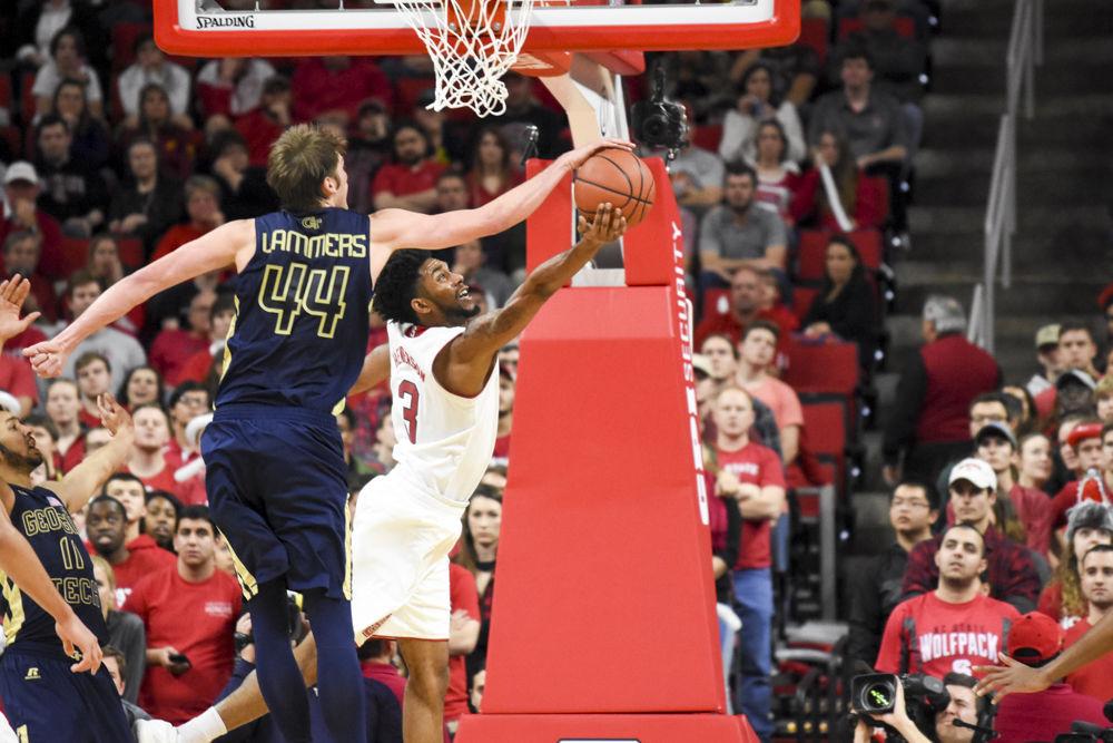 Redshirt senior guard Terry Henderson gets his layup blocked in the Wolfpack's 86-76 loss to Georgia Tech on Jan 15. Henderson made just 2 of 10 shots from the field and had 6 points total in the loss at PNC Arena.