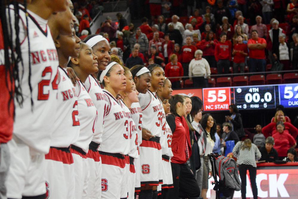 The NC State women's basketball team celebrates their win against Duke University in Reynold's Coliseum on Jan. 15. The Wolfpack jumped out to an early lead in the first half, but the Blue Devils came back in the third and fourth quarters. NCSU held off Duke's late push, winning the ACC match-up 55-52.