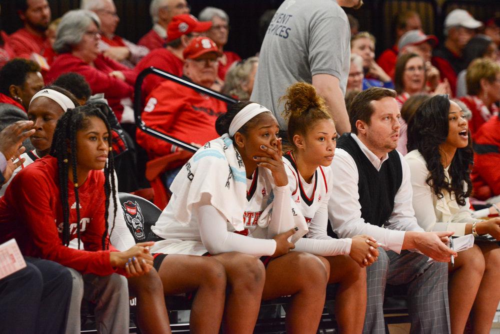 Sophomore guard Camille Anderson and freshman guard Lucky Rudd watch the NC State vs. Duke women's basketball game with concern. NC State won 55-52 against Duke on Jan. 15 in Reynold's Coliseum in nail-biting fashion with the lead transferred back and forth between both teams in the final quarter.