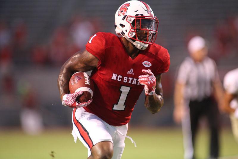Junior tight end fullback hybrid Jaylen Samuels runs upfield with the ball in the opening series of the game against William &amp; Mary. Samuels had five receptions for 66 yards. The Wolfpack was nearly unstoppable on offense taking down Willam &amp; Mary 48-14 in Carter-Finley Stadium on Sept. 1 for the home opener.