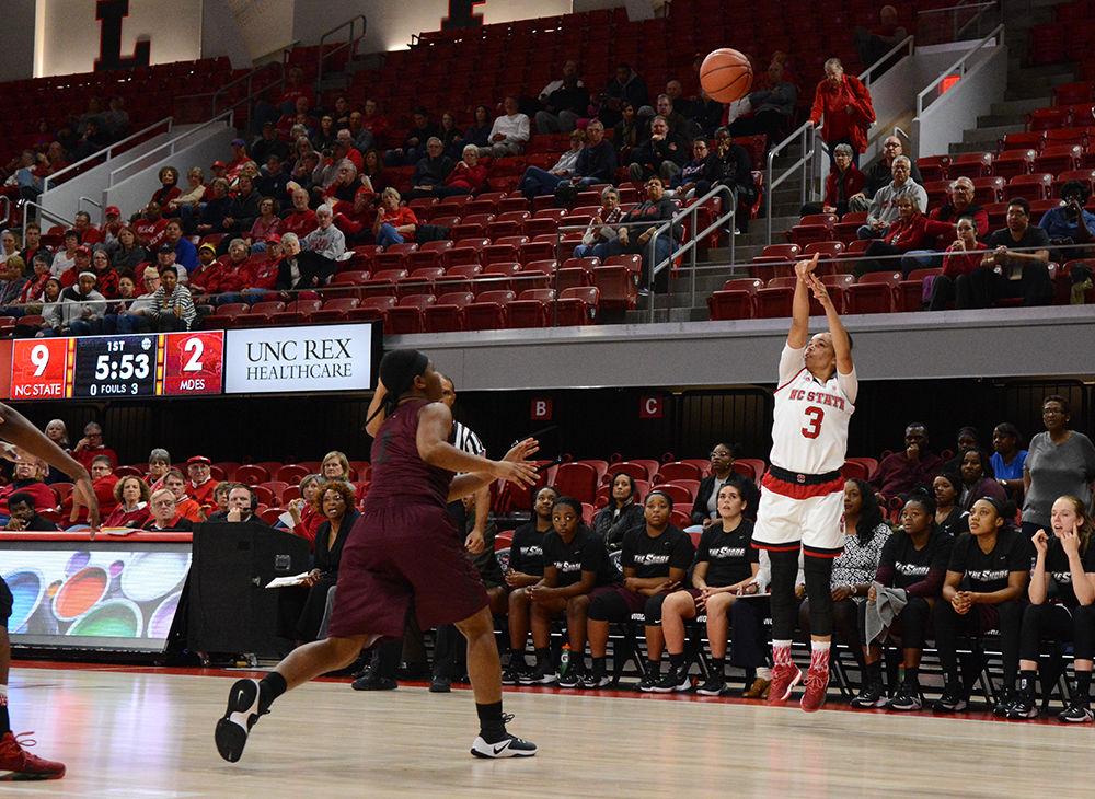 Senior guard Miah Spencer shoots a 3-pointer over a Maryland Eastern Shore defender in Reynolds Coliseum on Nov. 21. Spencer added 10 points to the Wolfpack's 77-58 win over the Hawks.