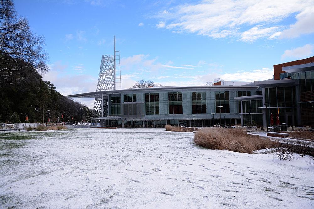 Stafford Commons lays covered in snow on Saturday afternoon. The lingering ice and snow cancelled school on Monday.