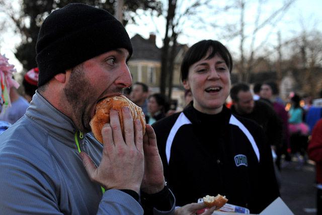 The Krispy Kreme Challenge, which has racers run from the Bell Tower to Krispy Kreme eat a dozen glazed donuts, and run back, took place on Saturday, Feb. 14, 2015. An N.C. State student in the intensive English program, Ghassan Al-Hadhrami, won the race with a time of 28 minutes and 50 seconds.
