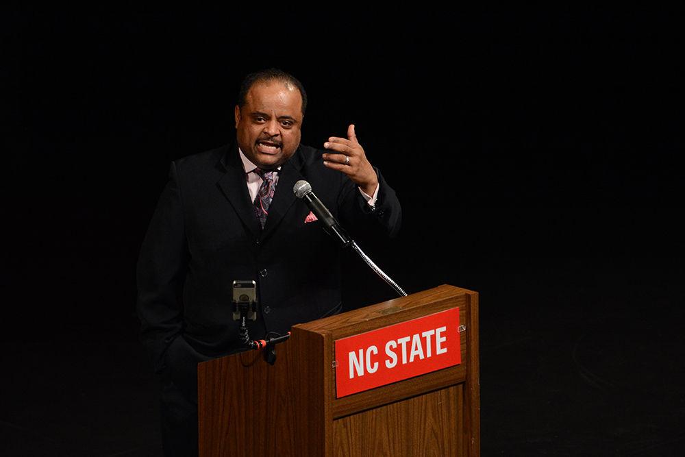 Author and television personality Martin Roland delivers an empowering speech during NC State's 2017 Martin Luther King Jr. Commemoration in Stewart Theatre on Monday.