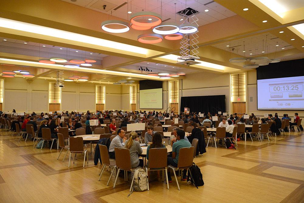 Students and faculty gather in the Talley Student Union Ballroom for the Sixth Annual Undergraduate Research Speed-Dataing Event sponsored by the Undergraduate Research Student Advisory Council and Office of Undergraduate Research on Wednesday. The event provided undergraduates the opportunity to connect with faculty members and learn about research occurring across campus in a conversational setting.