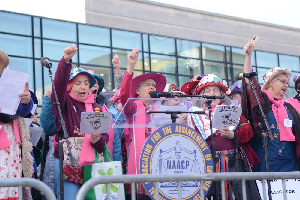 The Raging Grannies perform at the 11th Annual Moral March in downtown Raleigh on Sat. Feb. 11, 2017. They sang original lyrics to the tune of "Oh! Susanna." They dressed in clothes that mock stereotypes about older women.