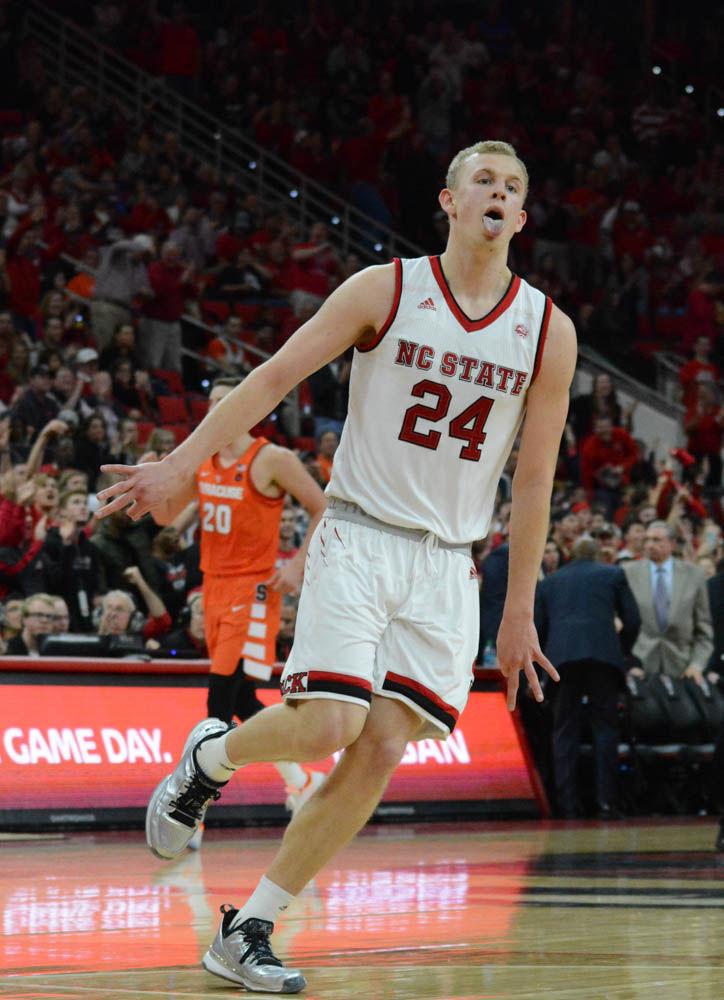 Sophomore Maverick Rowan does a victory lap after putting away another three pointer. Rowan led the team in scoring against Syracuse with a total of 31 points at the game on Wednesday.