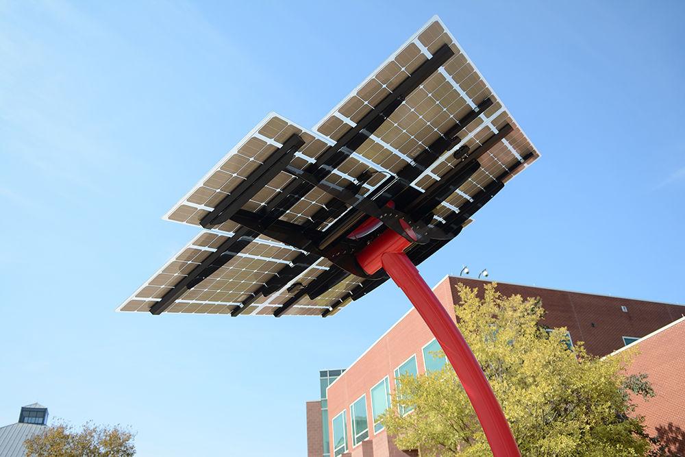 The solar tree recently installed outside of Hunt Library is 16 feet tall and was donated by the Park Scholars Class of 2015. Students can relax under the shade of six solar panels while charging cell phones, laptops and other electronic devices.