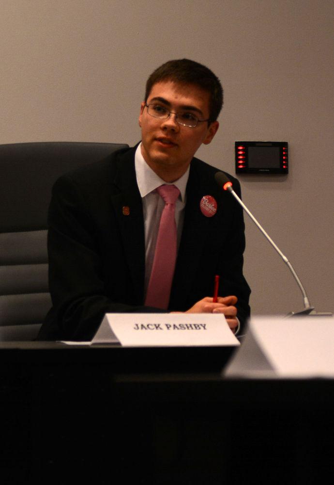 Vice Presidential candidate Jack Pashby answers questions during the Student Government debate on Feb. 21 in the Student Senate Chamber in Talley Student Union. The debate allowed candidates for Student Body President, Vice President, and Chief Justice to answer questions and speak about their campaigns.