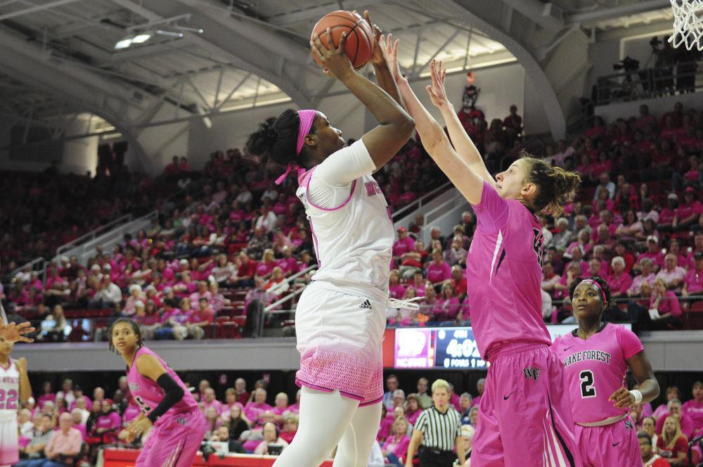 Senior forward Jennifer Mathurin puts up a shot during the Play4Kay game held in Reynolds Coliseum. Mathurin finished the game with 8 points an 6 rebounds in their loss against Wake Forest.