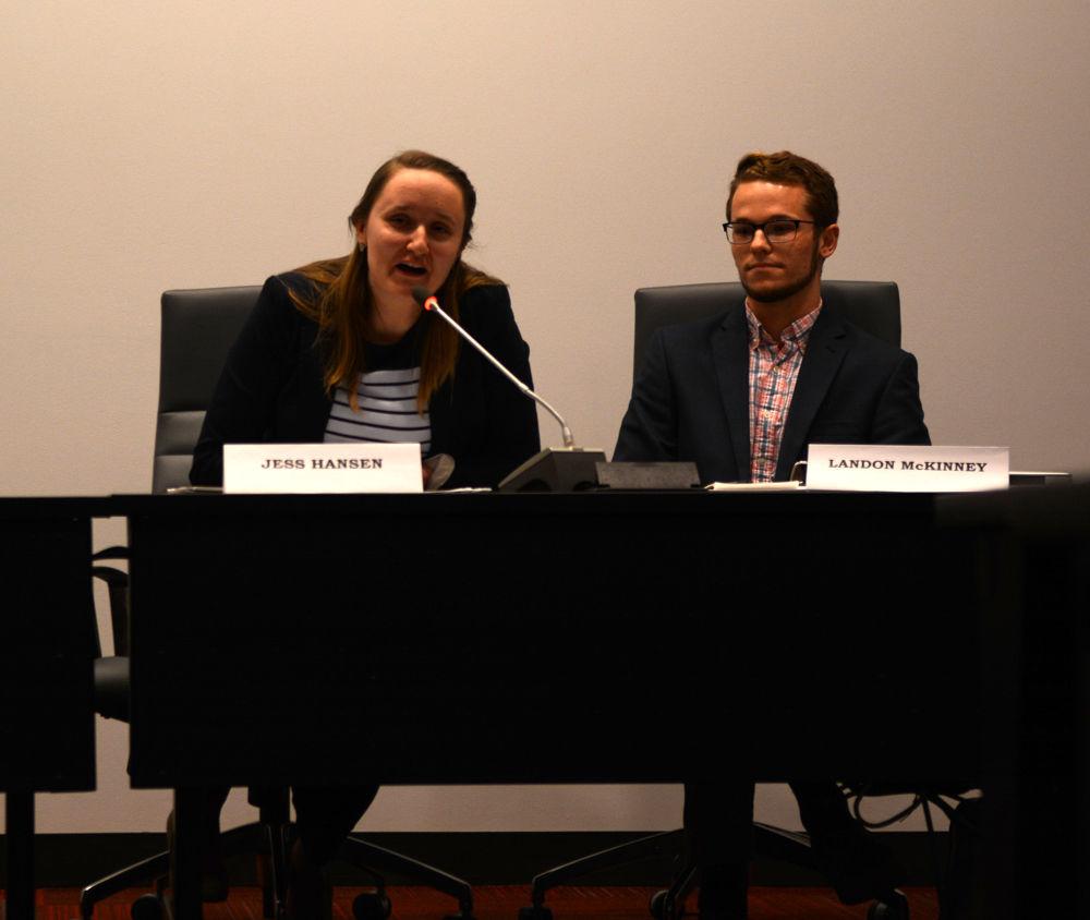 Chief Justice candidates Jess Hansen and Landon McKinney take questions during the Student Government debate on Feb. 21 in the Student Senate Chamber in Talley Student Union. The debate allowed candidates for Student Body President, Vice President, and Chief Justice to answer questions and speak about their campaigns.