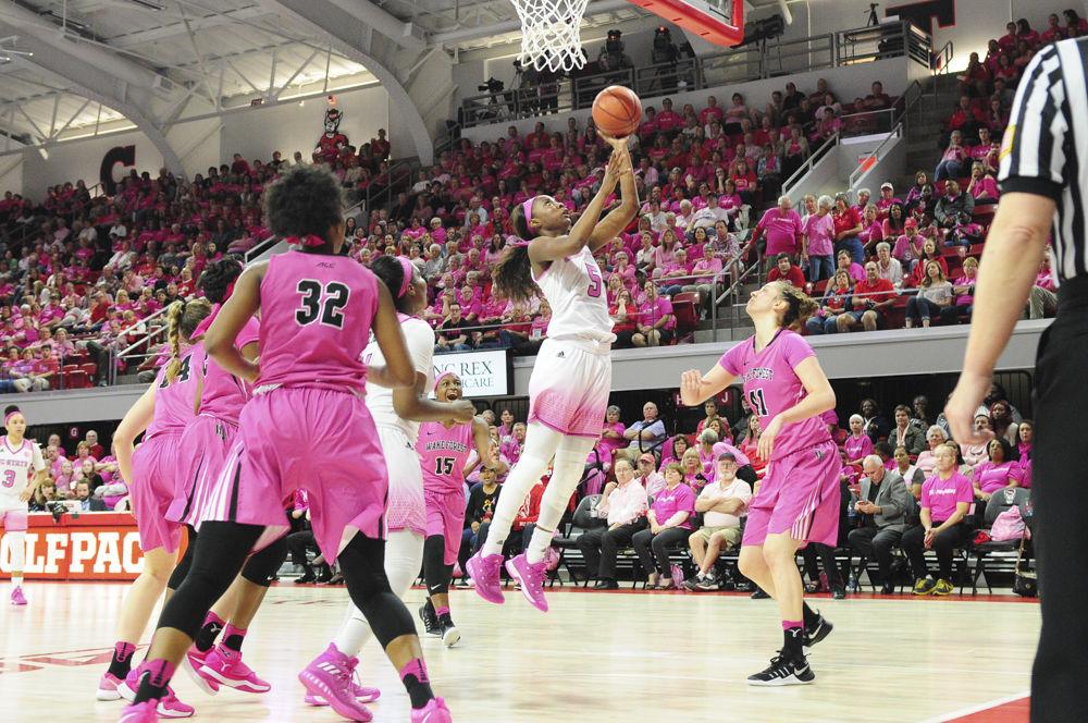 Junior forward Chelsea Nelson scores a layup in the Play4Kay game against Wake Forest on Feb. 19. Nelson finished the game scored 8 of 17 attempts in the their loss at Reynold Coliseum.
