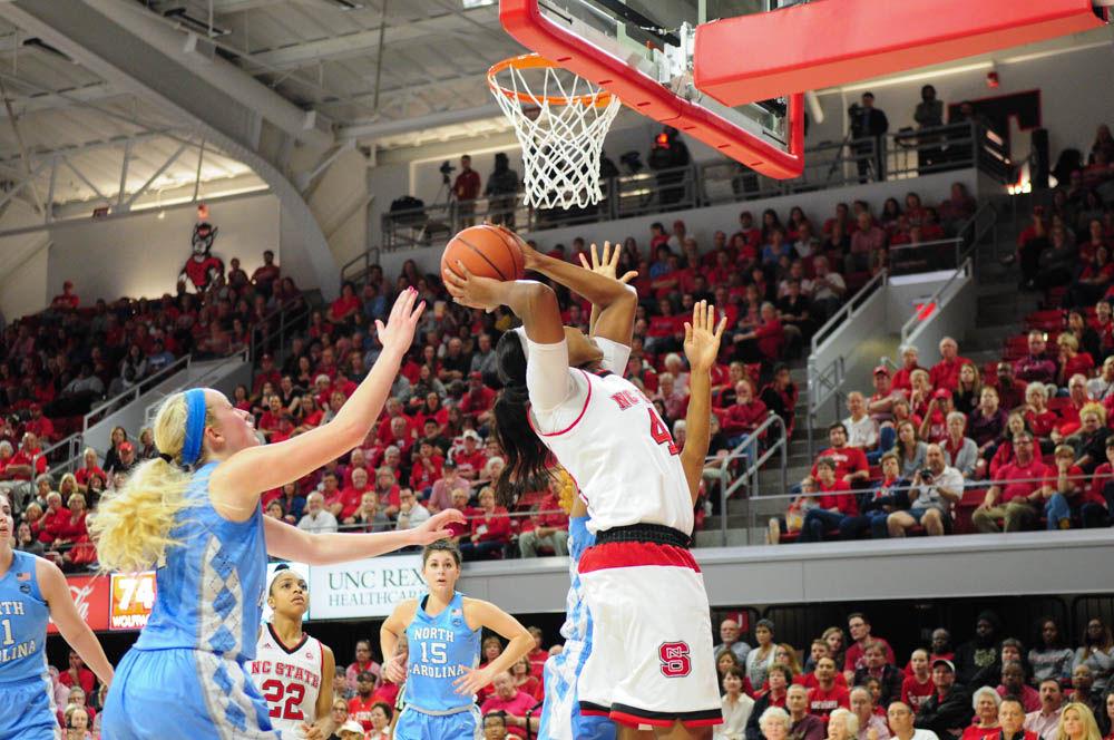 Sophomore center Nae Nae Cole scores a layup against UNC on Feb. 23. Cole scored two pointst and played 12 minutes during the 80-60 point win at Reynolds Coliseum.