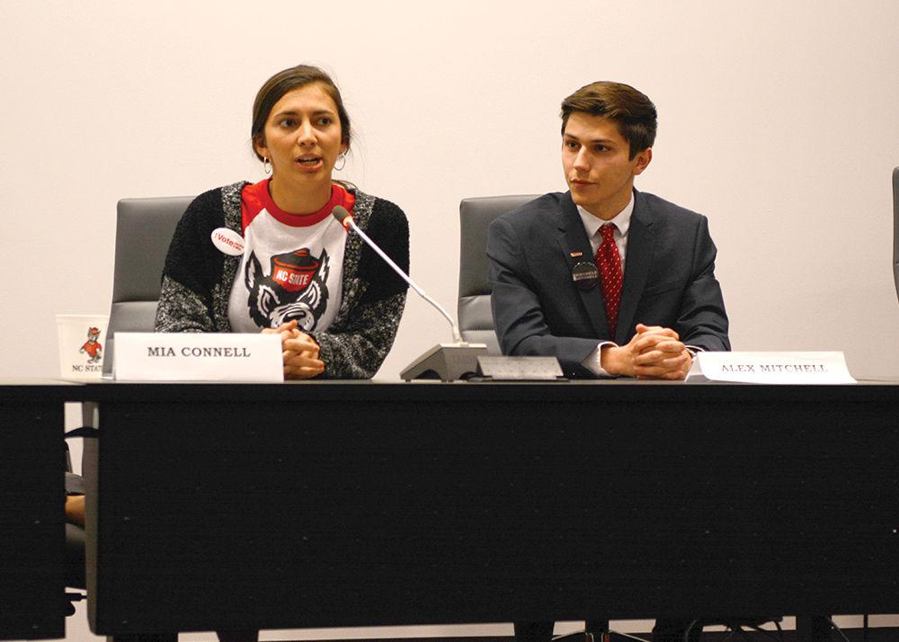 Vice Presidential candidates Mia Connell and Alex Mitchell answer questions during the Student Government debate on Feb. 21 in the Student Senate Chamber in Talley Student Union. The debate allowed candidates for Student Body President, Vice President, and Chief Justice to answer questions and speak about their campaigns.