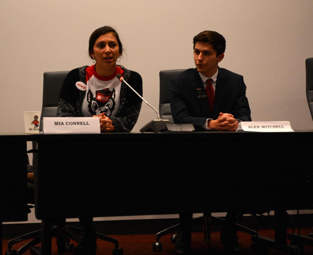 Vice Presidential candidates Mia Connell and Alex Mitchell answer questions during the Student Government debate on Feb. 21 in the Student Senate Chamber in Talley Student Union. The debate allowed candidates for Student Body President, Vice President, and Chief Justice to answer questions and speak about their campaigns.