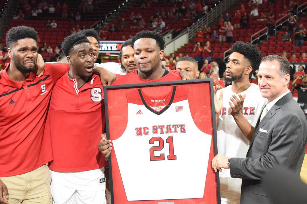 BeeJay Anya has a very emotional senior day in PNC Arena on Feb. 25, 2017. The Pack faced Virginia and was defeated 70-55.