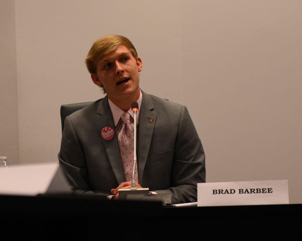 Presidential candidate Brad Barbee answers questions during the Student Government debate on Feb. 21 in the Student Senate Chamber in Talley Student Union. The debate allowed candidates for Student Body President, Vice President, and Chief Justice to answer questions and speak about their campaigns.