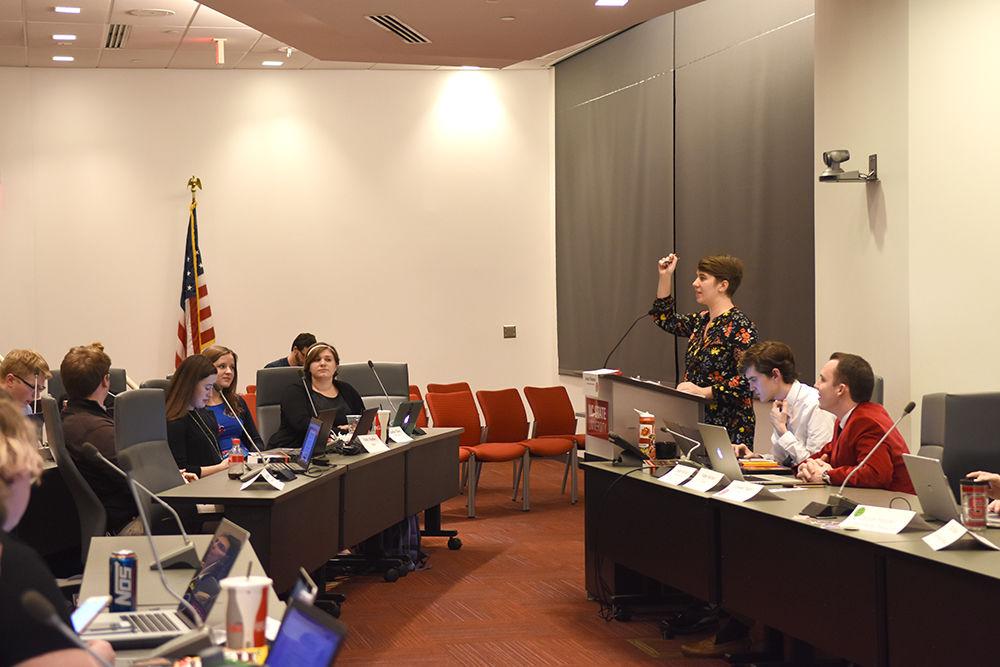 Student Senate President Jamie Plummer leads the senate meeting on Wednesday evening. The senate meets biweekly on Wednesdays in Talley Student Union.&#160;