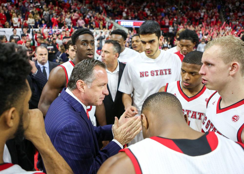 Head coach Mark Gottfried tries to get his team ready to play before the 97-73 loss to UNC in PNC Arena on Feb. 15.