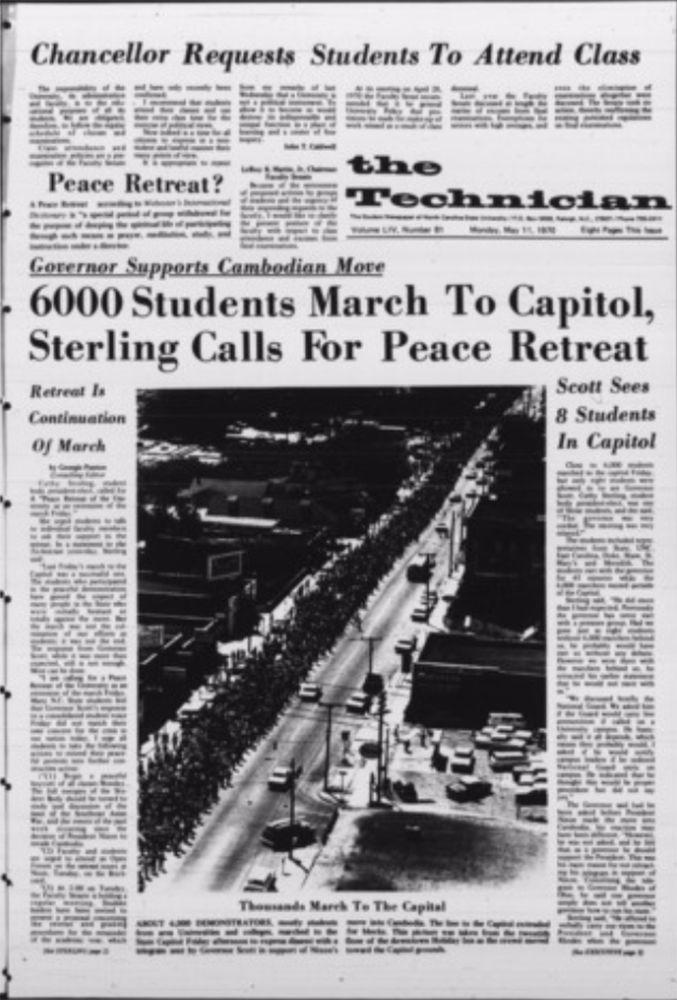 On May 11, 1970, Technician published an article about over 6000 students marching to the state capitol.