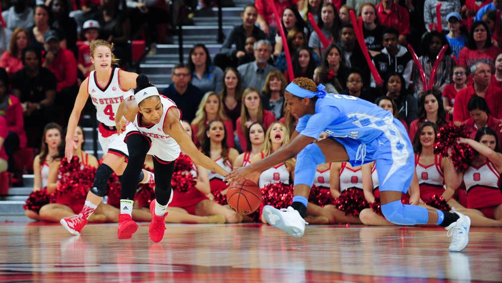 Redshirt senior gaurd Dominique Wilson forces a turnover on Feb. 23 at Reynold Colisueum. Wilson led the team in scoring with 19 points. The Wolfpack beat rival UNC-Chapel Hill 80-60 in its final home game at Reynolds Coliseum.
