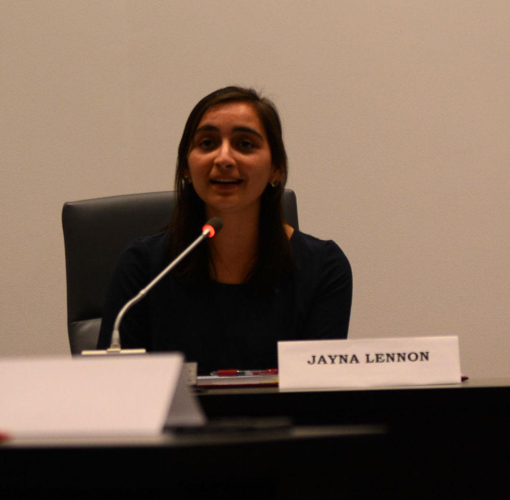 Vice Presidential candidate Jayna Lennon answers questions during the Student Government debate on Feb. 21 in the Student Senate Chamber in Talley Student Union. The debate allowed candidates for Student Body President, Vice President, and Chief Justice to answer questions and speak about their campaigns.