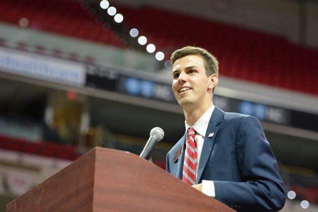 Student body president, Paul Nolan, speaks to incoming freshman at Convocation held at PNC Arena on Aug. 15, 2016. Nolan imparts some words of wisdom to the students before they begin their first day at NC State.