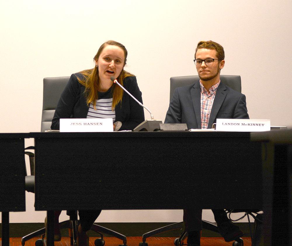 Chief Justice candidates Jess Hansen and Landon McKinney take questions during the Student Government debate on Feb. 21 in the Student Senate Chamber in Talley Student Union. The debate allowed candidates for Student Body President, Vice President, and Chief Justice to answer questions and speak about their campaigns.