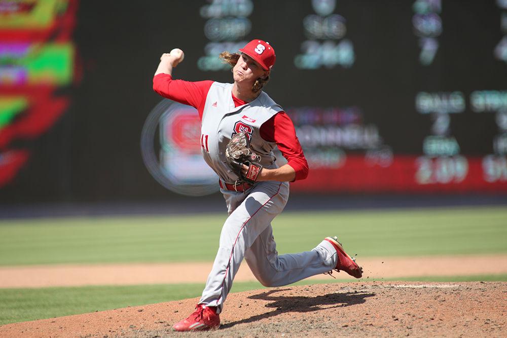 Sophomore pitcher Joe O'Donnell pitches for a no-hitter inning during the ACC Championship game against Florida State University. Though the Wolfpack fought hard to get the championship game, they fell short in the 6-2 loss on May 24, 2015 at the Durham Bulls Athletic Park.&#160;