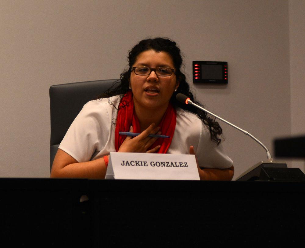 Presidential candidate Jackie Gonzalez answers questions during the Student Government debate on Feb. 21 in the Student Senate Chamber in Talley Student Union. The debate allowed candidates for Student Body President, Vice President, and Chief Justice to answer questions and speak about their campaigns.