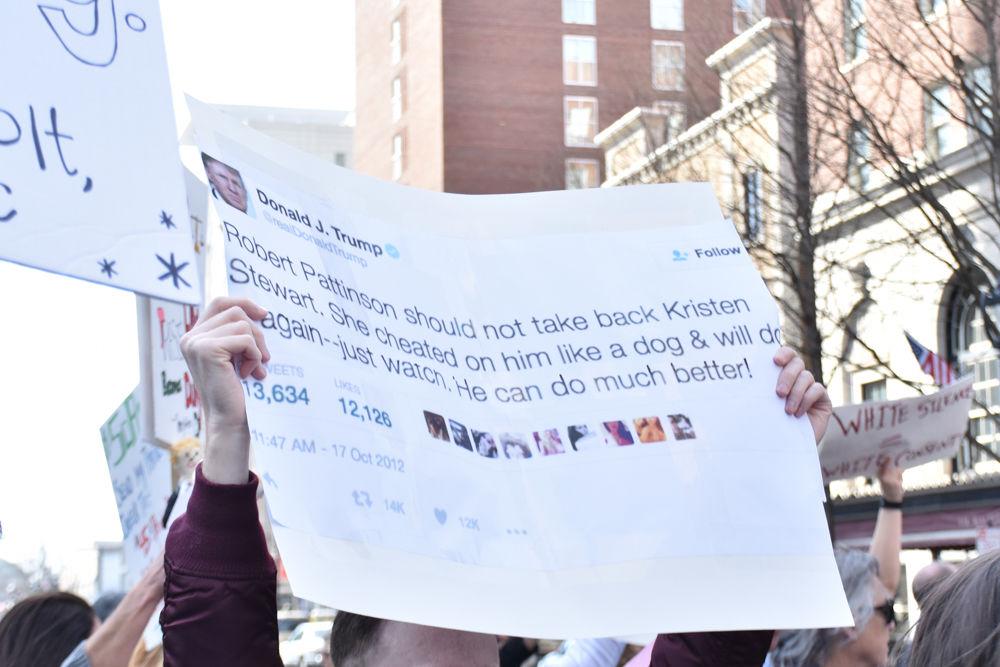 Some protesters used quotes from President Donald Trump's Twitter account to show how skewed his views can be during the 11th annual Moral March on Raleigh on Feb. 11, 2017.