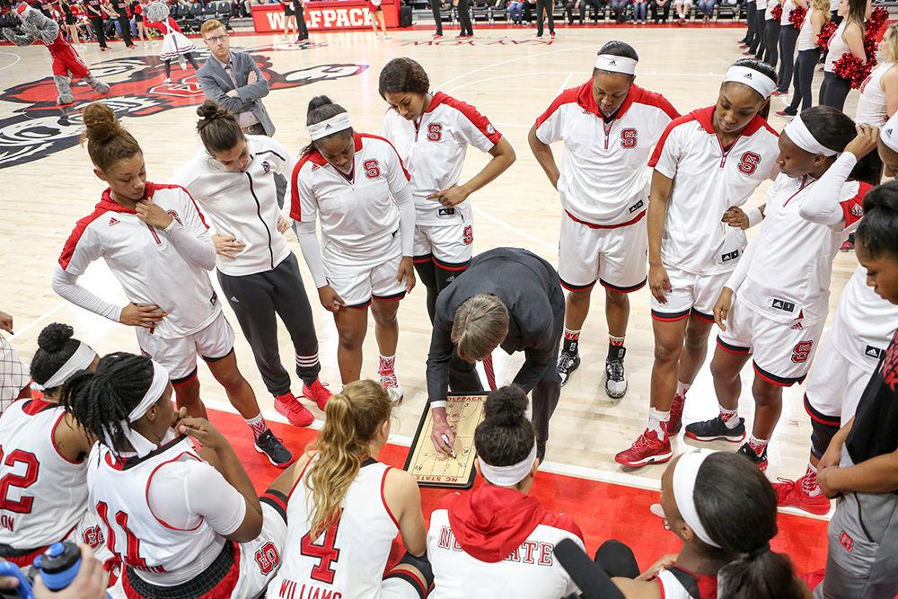 The team gathers around head coach Wes Moore prior to the 85-71 win over Virginia Tech in Reynolds Coliseum on Feb. 12, 2016.