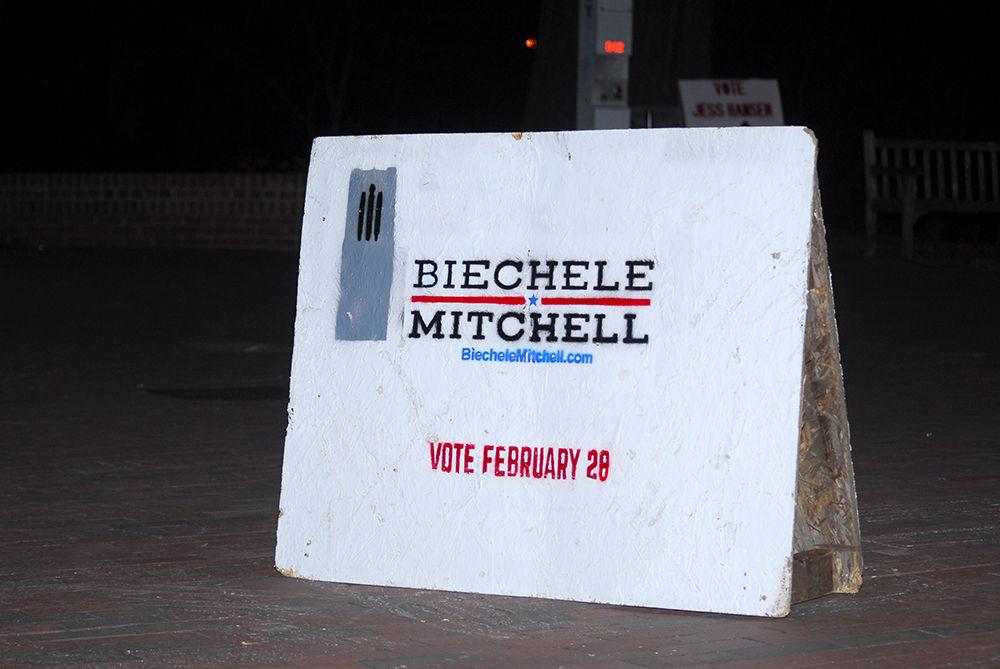 A sign stands outside of the Free Expression Tunnel advertising the candidacy of Meredith Biechele, a senior studying mechanical engineering, and Alex Mitchell, a junior studying meteorology, for the positions of student body president and vice president respectively on Sunday. They will be running against three other pairs for the positions. Elections will be held on Tuesday.