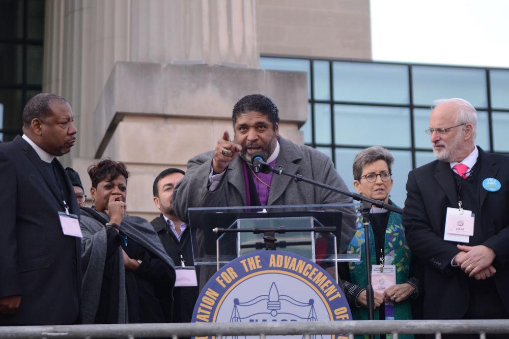 Reverend William Barber II giving a speech during the Opening Rally of the Moral March on Sat. Feb. 11, 2017. He is the President of the North Carolina state chapter of the NAACP, the second largest in the United States. He has been the pastor of Greenleaf Christian Church in Goldsboro since 1993.