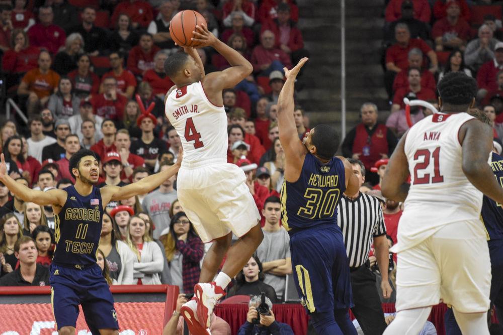 Freshman guard Dennis Smith Jr. takes a fadeaway shot in the Wolfpack's 86-76 loss to Georgia Tech on Jan 15. Smith Jr. made 10 of 21 field goals and posted 31 points in the loss at PNC Arena.