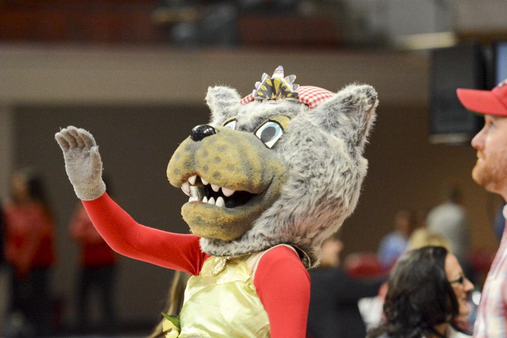 Ms. Wolf dresses up as Princess Tiana for NC State gymnastic quad meet against William &amp; Mary, Pittsburgh, and UNC-Chapel Hill at Reynolds Coliseum on Feb. 10. The Wolfpack finished second with a score of 195.025 behind UNC-Chapel Hill who scored 195.675. Pittsburgh followed behind with a score of 194.075, and William &amp; Mary finished with 193.025.