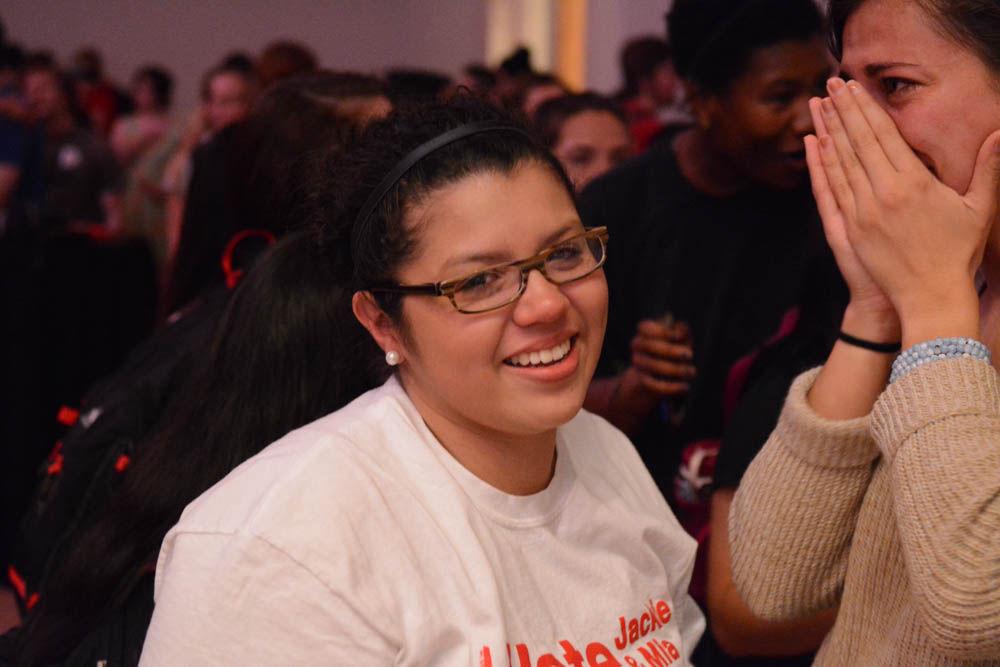Student Government presidential candidate Jackie Gonzalez smiles through tears after learning that she has earned a spot in the runoff election, during the Student Government election announcement in Talley Student Union on Tuesday. Gonzalez ran for Student Body President with sophomore Mia Connell as her running mate. The winners of the runoff election between Gonzalez and candidate Brad Barbee will be announced on Thursday.