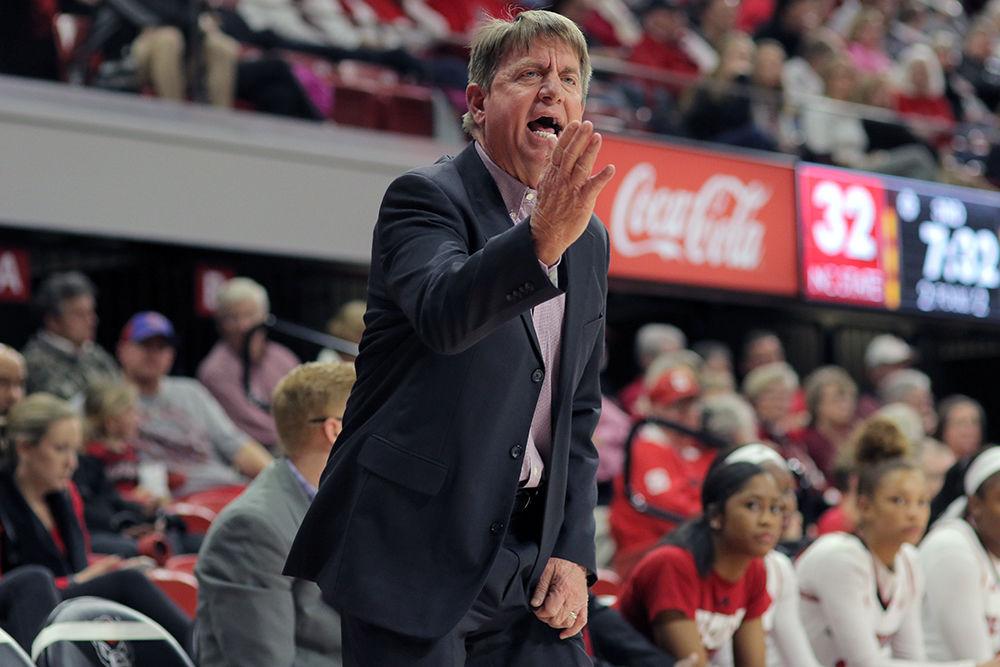Head coach Wes Moore yells at the ref during the 55-42 win over Pittsburgh on Jan. 26 in Reynolds Coliseum.