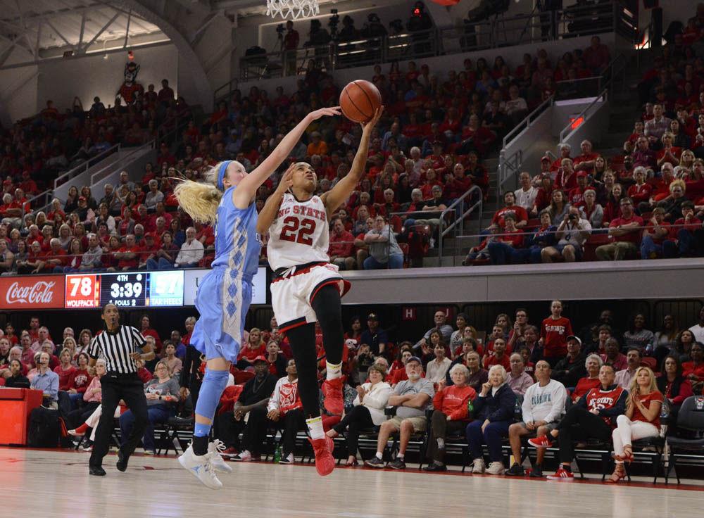 Redshirt senior guard, Dominique Wilson, drives the ball to the basket during the game against the Tar Heels. Wilson lead the team with a total of 19 points during the game on Feb. 23 in Reynolds Coliseum. The Wolfpack dominated the Tar Heels with a score of 80-60.