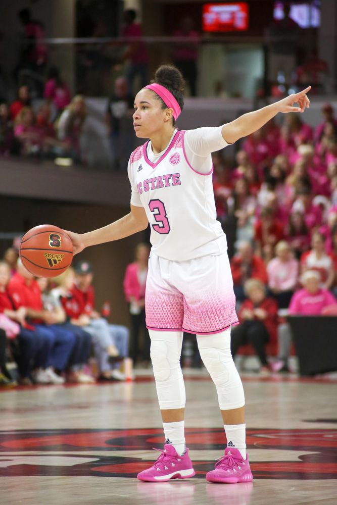Senior guard Miah Spencer calls out a play during the 89-77 loss to Wake Forest during the Play4Kay game on Feb. 19 in Reynolds Coliseum.