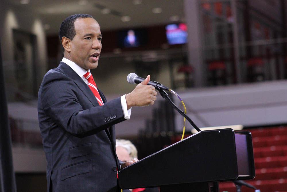 New mens basketball coach Kevin Keatts speaks to the crowd at his introductory press conference in Reynolds Coliseum on Mar. 19, 2017. Keatts spoke about his winning reputation, recruitment, and intentions to personally train his team members next season.