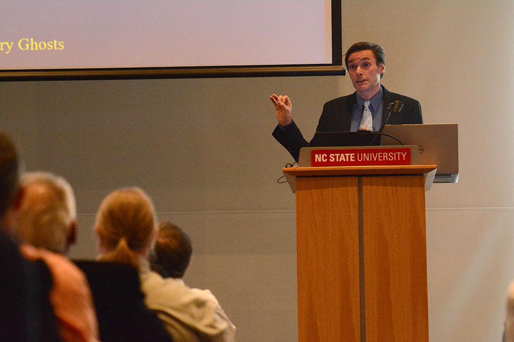Marc Edwards, professor of civil and environmental engineering at Virginia Tech, speaks at the first Gerald H. Elkan Distinguished Lecture in Science and Society about his journey as an engineer and his involvement in the 2001-2004 D.C. Lead Crisis and 2014-2016 Flint Water Disaster. The lecture was held in the Duke Energy Hall of the James B. Hunt Library on Tuesday evening. During his description of the Environmental Protection Agency's cover-up of the dangerous lead levels in Flint's water supply, Edwards spoke about a graph the agency used to try and convince locals the water was safe. Part of the trend line was drawn using the Microsoft Word free draw tool, and was just one of the ways the EPA avoided taking action to help the Flint community.