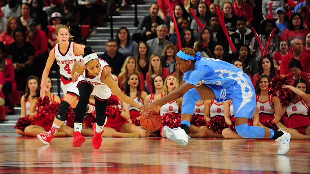 Redshirt senior guard Dominique Wilson forces a turnover on Feb. 23 at Reynolds Coliseum. Wilson led the team in scoring with 19 points. The Wolfpack beat rival Tar Heels 80 to 60 in its final home game at Reynolds Coliseum.
