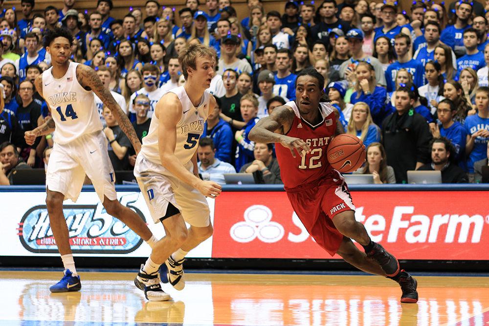 Junior guard Anthony 'Cat' Barber cuts and drives along the baseline in the Wolfpack's 80-88 loss to Duke on February 6, 2016. Barber racked up 26 points, 6 assists, and grabbed 4 rebounds in the loss at Cameron Indoor Stadium.